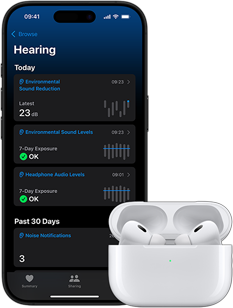 AirPods Pro in charging case next to iPhone displaying a hearing health screen