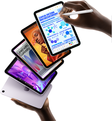 Five iPad mini models are shown in a fan formation held by a user’s hands. One model shows the back camera, the other four are front-facing. Apple Pencil Pro is being used to take notes