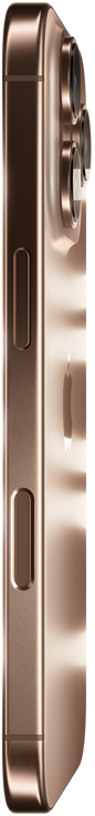 iPhone 16 Pro in Desert Titanium finish, side exterior, Apple logo in centre, raised Pro camera system, Side button, Camera Control button