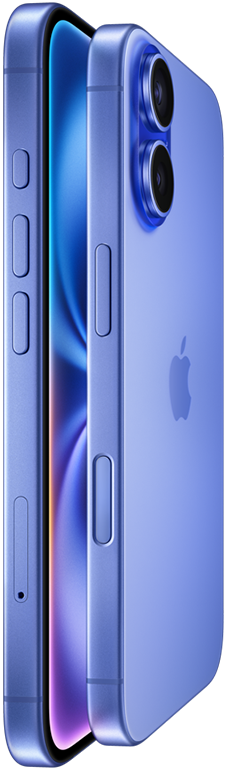 Two iPhone 16 devices, side exterior, stacked facing each other in Ultramarine finishes, volume buttons, Action button, Side button, Camera Control button, Apple logo in centre, raised Advanced dual-camera system