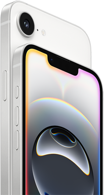 Side view of iPhone 16e in White finish, side exterior, Action button, volume buttons and back Fusion camera