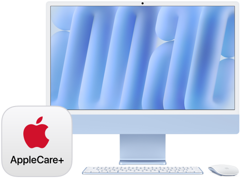 AppleCare+ badge, with front-facing iMac and matching Magic Keyboard and Magic Mouse accessories