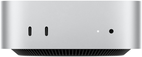 Front view of silver Mac mini showing front ports: two USB-C ports and one 3.5mm headphone jack