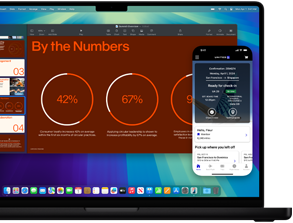 Demonstrating iPhone Mirroring, with iPhone display shown within MacBook Pro screen