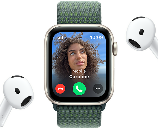 Incoming call on an Apple Watch SE, next to a pair of AirPods